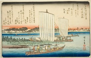 Row r people g igen ls at fish special (gyotoku norms), fra seriens ``British Views member te environs of Edo (one of the Eight Views of Edo Bank)