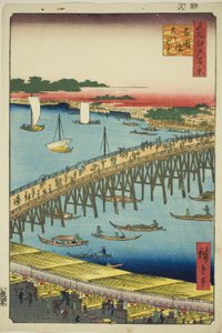Ryogoku Bridge and the Great Riverbank (Ryogokubashi Okawabata), from the series "One Hundred Famous Views of Edo (Meisho Edo hyakkei)" af Utagawa Hiroshige