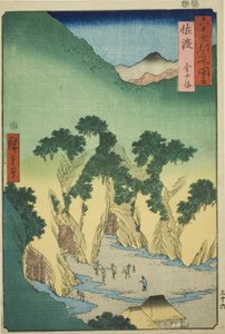 Sado Province: Gold Mines (Sado, Kinzan), fra serien "Famous Places in the Sixty-odd Provinces (Rokujuyoshu meisho zue)" af Utagawa Hiroshige