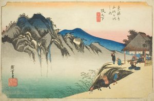 Sakanoshita: Peak of Fudesute Mountain (Sakanoshita, Fudesute mine), fra serien "Fifty-three Stations of the Tokaido (Tokaido gojusan tsugi no uchi)," også kendt som Hoeido Tokaido af Utagawa Hiroshige