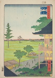 Sazai Hall of the Five Hundred Rakan Temple (Gohyaku Rakan Sazaido), nr. 66 fra serien "One Hundred Famous Views of Edo (Meisho Edo hyakkei)". af Utagawa Hiroshige