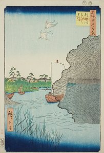 Spredte fyrretræer ved Tone-floden (Tonegawa Barabara-matsu), nr. 71 fra serien "One Hundred Famous Views of Edo (Meisho Edo hyakkei)" af Utagawa Hiroshige