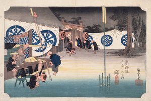 Seki, tidlig afgang fra Daimyos Inn, fra 53 stationer på Tokaido Highway, ca. 1834 (træblok farvetryk) af Utagawa Hiroshige
