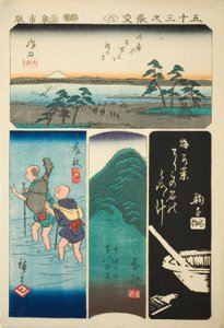 Shimada, Fujieda, Okabe og Mariko, nej. 6 fra serien "Cutouts of the Fifty-tre Stations (Gojusan tsugi harimaze)" af Utagawa Hiroshige