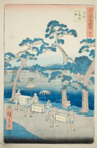 Shono: Oldtidssted for Shiratori-højen (Shono, Shiratorizuka koseki), nr. 46 fra serien "Famous Sights of the Fifty-tre Stations (Gojusan tsugi meisho zue)," også kendt som den lodrette Tokaido af Utagawa Hiroshige