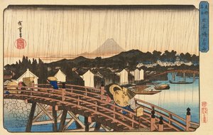 Brusebad ved Nihonbashi-broen, 1832-34 (træbloktryk i farver)