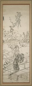 Skitse af kvinde på vej over bro af Utagawa Hiroshige