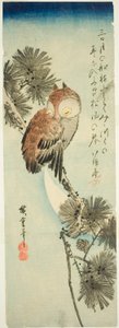 Småhornet ugle, fyrretræ og halvmåne af Utagawa Hiroshige