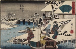 Snescene ved Mokubo-ji-templet og Restaurant Uekiya, ca. 1835-1842