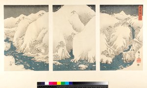 Snestorm i bjergene og floderne i Kiso, (sanmaitsuzuki - triptykon, yoko-e - vandret format, farvet træbloktryk)