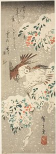 Spurve flakser om snedækkede Nandina, mens mere sne falder af Utagawa Hiroshige