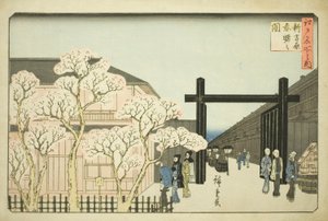 Yoshiwara (New Yoshiwara Spring Akebono Picture), fra "Fa Nets Paseo Edo (blandt de berømte steder i Edo)" af Utagawa Hiroshige
