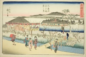 Spring View of the New Embankment at Shinobazu Pond (Shinobazu ike shin dote haru no kei), fra serien "Newly Selected Famous Places in Edo (Shinsen Edo meisho)" af Utagawa Hiroshige