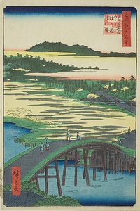 Sugatami Bridge, Omokage Bridge and the Gravel Pit at Takata (Takata Sugataminohashi Omokagenohashi jariba), nr. 116 fra serien "One Hundred Famous Views of Edo (Meisho Edo hyakkei)". af Utagawa Hiroshige