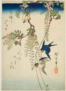 Svale, gul fugl og blåregn af Utagawa Hiroshige