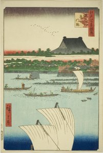 Topdesign d Tsukiji Hongwanji tempelhånd MP (Teppo-tegning Tsukiji monzeki), fra seriens `` Supp e noodles t and te ridge minutes Keiyo)” af Utagawa Hiroshige
