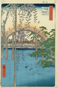 Broen med blåregn eller Kameido Tenjin Keidai, plade 57 fra "100 views of Edo", 1856 (farve-træsnit)