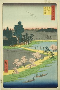 The Entwined Camphor Trees at Azuma Shrine (Azuma no mori Renri no azusa), fra serien "One Hundred Famous Views of Edo (Meisho Edo hyakkei)" af Utagawa Hiroshige