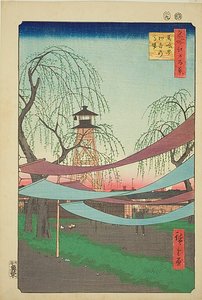 Hatsunes ridebane i Bakuro-cho (Bakuro-cho Hatsune no Baba), nr. 6 fra serien "One Hundred Famous Views of Edo (Meisho Edo hyakkei)". af Utagawa Hiroshige