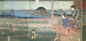 Lady Fujitsubo ser Prins Genji tage af sted i måneskin, 1853, (træblok i farver)