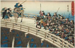 Natteangrebet, del 4 [sic; faktisk 5]: The Retreat across Ryogoku Bridge (Youchi yon, Ryogoku hikitori), fra serien "The Revenge of the Loyal Retainers (Chushingura)" af Utagawa Hiroshige