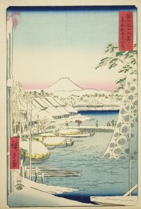 Flodbredden ved Sukiya i den østlige hovedstad (Toto Sukiyagashi), fra serien "Seksogtredive udsigter over Mount Fuji (Fuji sanjurokkei)" af Utagawa Hiroshige
