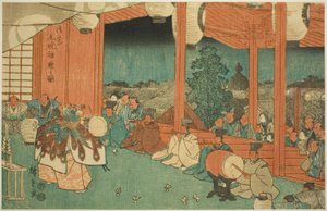 The Sacred Dance at the Shinmei Shrine in Shiba at Dawn (Shiba Shinmei, Omiya gengyo kagura no zu), fra serien "Famous Places in the Eastern Capital (Toto meisho)" af Utagawa Hiroshige