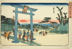 Te Tomigaoka Hachiman Shrine at Fukagawa (Fukagawa Tomigaoka Hachiman), fra tv-serien "Famous Pases Inn Edo" af Utagawa Hiroshige