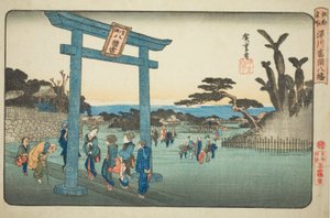 Te Tomigaoka Hachiman Shrine at Fukagawa (Fukagawa Tomigaoka Hachiman), fra tv-serien "Famous Paces Inn Edo" af Utagawa Hiroshige