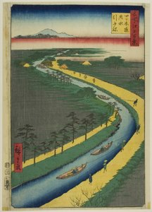 Bugserbåde langs Yotsugidori-kanalen (Yotsugidori yosui hikifune), fra serien "One Hundred Famous Views of Edo (Meisho Edo hyakkei)" af Utagawa Hiroshige