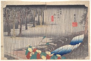 Tsuchiyama Spring Rain: Treoghalvtreds stationer i Tokaido af Utagawa Hiroshige