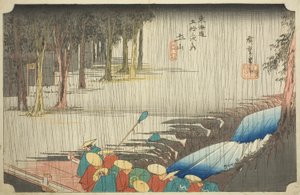 Tsuchiyama: Spring Shower (Tsuchiyama, haru no ame), fra serien "Fifty-three Stations of the Tokaido (Tokaido gojusan tsugi no uchi)," også kendt som Hoeido Tokaido af Utagawa Hiroshige