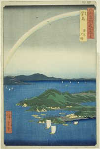 Tsushima-provinsen: Clear Evening On the Coast (Tsushima, Kaigan Yubare), fra serien "Berømte steder i de tres ulige provinser (Rokujuyoshu Meisho Zue)" af Utagawa Hiroshige