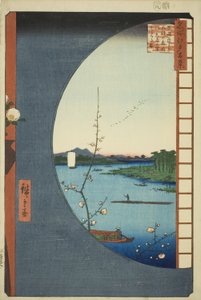 Udsigt fra Massaki af Suijin Shrine, Uchigawa Inlet og Sekiya (Massaki hen yori Suijin no mori Uchigawa Sekiya no sato o miru zu), fra serien "One Hundred Famous Views of Edo (Meisho Edo hyakkei)" af Utagawa Hiroshige
