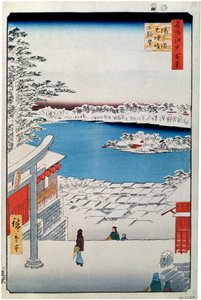 Udsigt fra toppen af skråningen ved Tenjin-helligdommen i Yushima, 1856-1858. af Utagawa Hiroshige