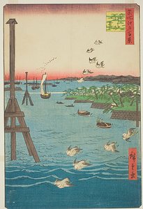 Udsigt over Shiba-kysten (Shibaura no kei), med nuancer af lyseblåt vand, nr. 108 fra serien One Hundred Famous Views of Edo (Meisho Edo hyakkei) af Utagawa Hiroshige