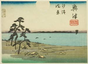 Udsigt over Shiohama og Kiyomigaseki i Okitsu (Okitsu, Kiyomigaseki, Shiohama fukei), sektion af ark nr. 4 fra serien "Cutout Pictures of the Tokaido Road (Tokaido harimaze zue)" af Utagawa Hiroshige