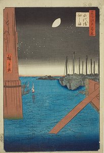 Udsigt over Tsukuda Island fra Eitai Bridge (Eitaibashi Tsukudajima), nr. 4 fra serien "One Hundred Famous Views of Edo (Meisho Edo hyakkei)". af Utagawa Hiroshige
