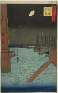 Udsigt over Tsukuda Island fra Eitai Bridge (Eitaibashi Tsukudajima), fra serien "One Hundred Famous Views of Edo (Meisho Edo hyakkei)" af Utagawa Hiroshige