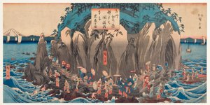 Udsigt over en pilgrimsrejse til Benzaitens hule og helligdom ved Enoshima, Sagami, ca. 1850-51 (træblok)