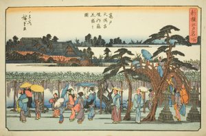 Wisteria i fuld blomst i området ved Kameido Tenmangu-helligdommen (Kameido Tenmangu keidai fuji hanazakari no zu), fra serien "Nyligt udvalgte berømte steder i Edo (Shinsen Edo meisho)" af Utagawa Hiroshige