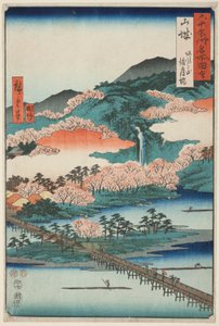 Yamashiro-provinsen: Togetsu-broen i Arashi-bjerget (Yamashiro, Arashiyama Togetsukyo), fra serien "Berømte steder i de ca. 60 provinser (Rokujuyoshu meisho zue)". af Utagawa Hiroshige