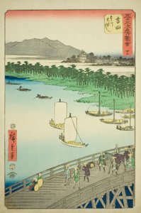 Yoshida: Store bro ved Toyo-floden (Yoshida, Toyokawa ohashi), nr. 35 fra serien "Famous Sights of the Fifty-tre Stations (Gojusan tsugi meisho zue)," også kendt som den lodrette Tokaido af Utagawa Hiroshige