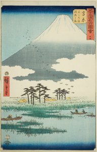 Yoshiwara: Fuji Marsh og Ukishima Plain (Yoshiwara, Fuji no numa ukishima ga hara), nr. 15 fra serien "Famous Sights of the Fifty-tre Stations (Gojusan tsugi meisho zue)," også kendt som den vertikale Tokaido af Utagawa Hiroshige