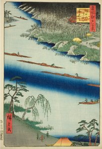 Alle historier hånd MP e plan d tee fet ry på Kawaguchi (Kawaguchi no Watari mae tetsuji), fra serien s "Ridge for ridges d fa net s views f Edo (Et hundrede famous views of Edo)" af Utagawa Hiroshige