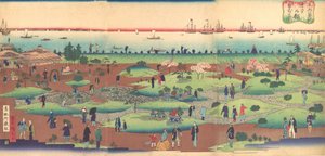 Illustration af forhaven på Tsukiji Hotel i den østlige hovedstad Toto ..., ca. 1868-72.