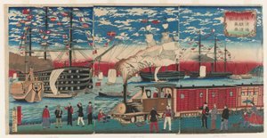 Billede af et lokomotiv langs Yokohama Waterfront, Yokohama, Edo-perioden