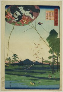 Kites of Fukuroi og Fjernsyn over Akiba i Totomi-provinsen (Enshu Akiba enkei Fukuroi tako), fra serien "One Hundred Famous Views in the Various Provinces (Shokoku meisho hyakkei)" af Utagawa Hiroshige II