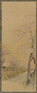 Landskab: blomstrende kirsebærtræer langs bredden af et vandløb, Edo-perioden, 1615-1868.