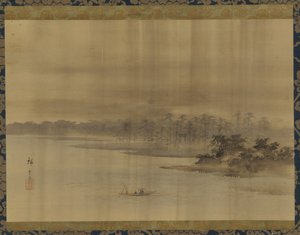 Flodlandskab og tempel i regnen, Edo-perioden, 1800-tallet. af Utagawa Hiroshige II